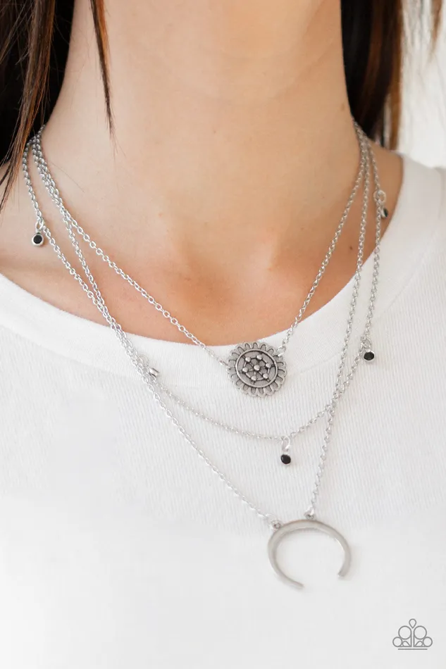 Lunar Lotus Black Rhinestone Silver Floral Layered Necklace Paparazzi Paparazzi Accessories Necklaces