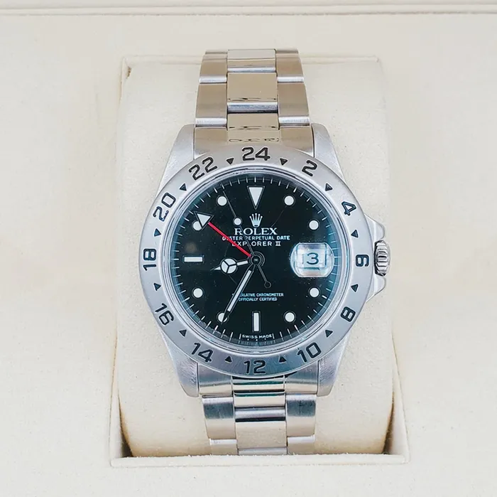 Mens Rolex 40mm Explorer II Stainless Steel Watch with Oyster Band and Black Dial PreOwned Rolex Rings