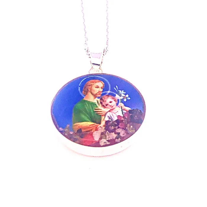 MEXICO Necklaces Saint Joseph Small Round Pendant Necklace w Pressed Flowers 18inch