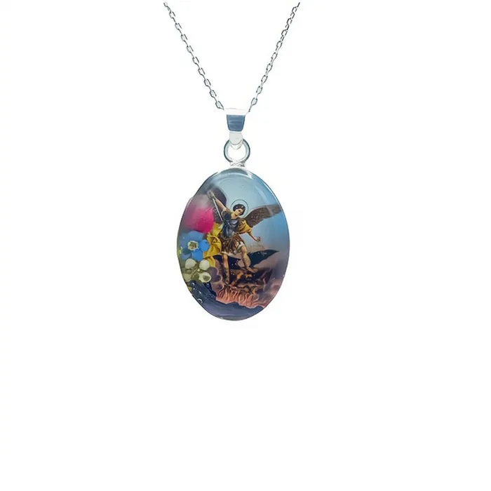 MEXICO Necklaces Saint Michael the Archangel Small Oval Pendant Necklace w Pressed Flowers 18inch MEXICO Necklaces Saint Michael the Archangel Small Oval Pendant Necklace w Pressed Flowers 18inch