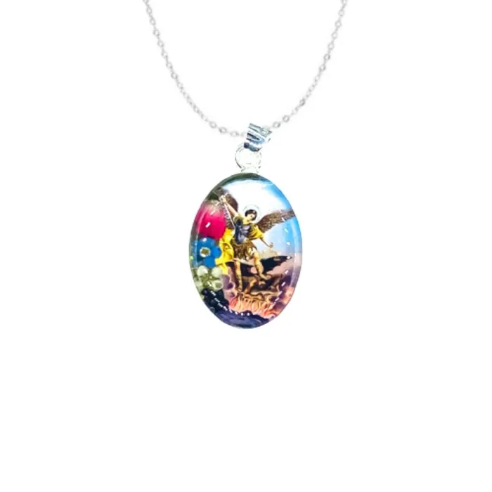 MEXICO Necklaces Saint Michael the Archangel Small Oval Pendant Necklace w Pressed Flowers 18inch