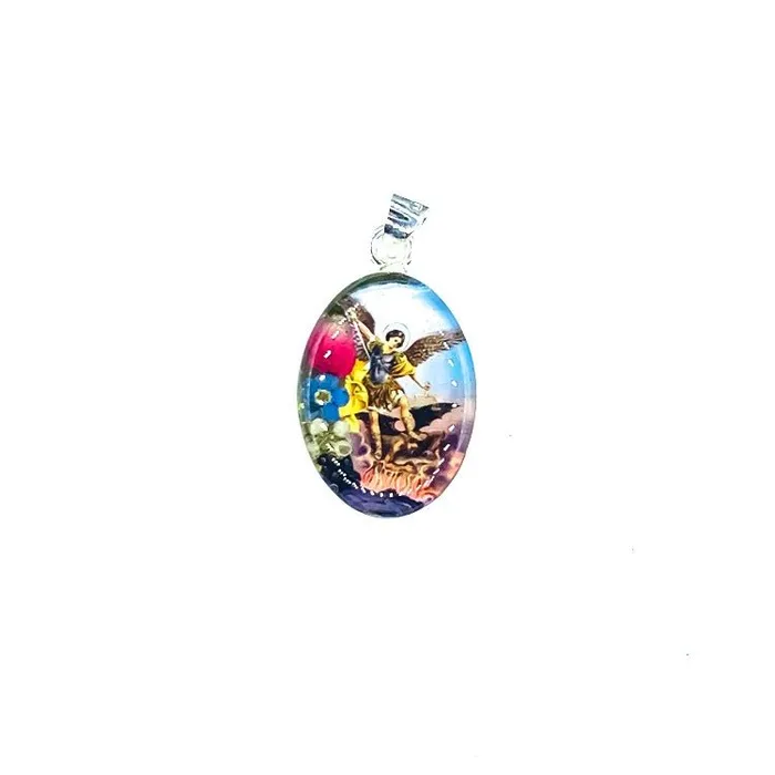 MEXICO Necklaces Saint Michael the Archangel Small Oval Pendant Necklace w Pressed Flowers 18inch