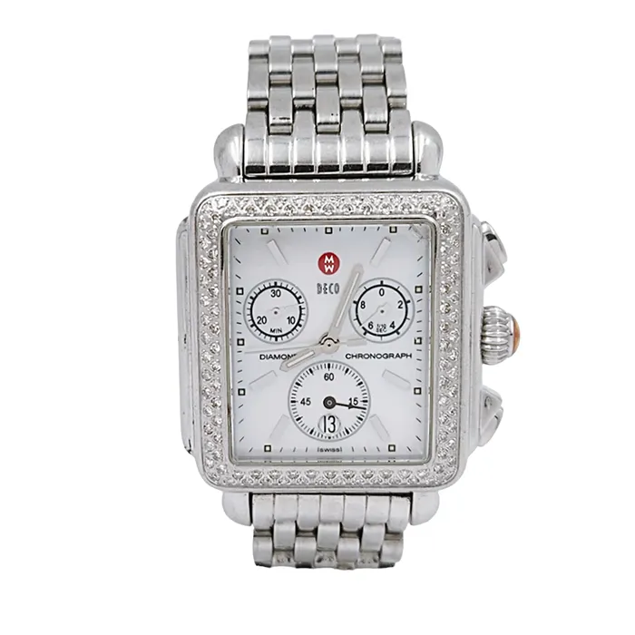 Michele Necklaces Ladies Michele Deco 33mm Stainless Steel Watch with Mother of Pearl Chronograph Dial and Diamond Bezel PreOwned MW06A01 Michele Necklaces Ladies Michele Deco 33mm Stainless Steel Watch with Mother of Pearl Chronograph Dial and Diamond Bezel PreOwned MW06A01