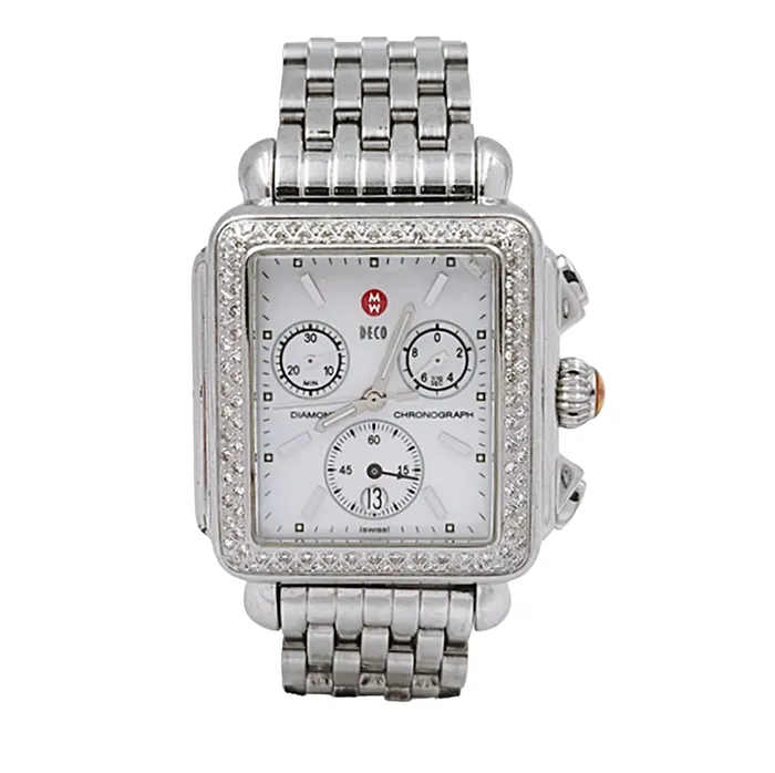 Michele Necklaces Ladies Michele Deco 33mm Stainless Steel Watch with Mother of Pearl Chronograph Dial and Diamond Bezel PreOwned MW06A01