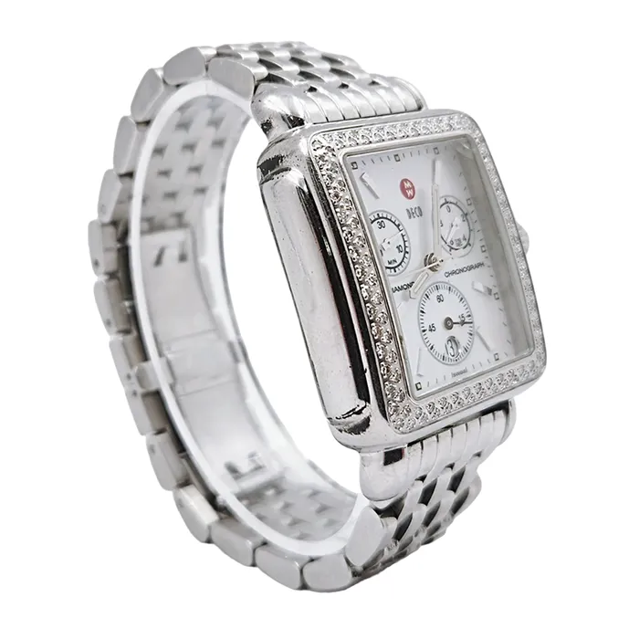 Michele Necklaces Ladies Michele Deco 33mm Stainless Steel Watch with Mother of Pearl Chronograph Dial and Diamond Bezel PreOwned MW06A01