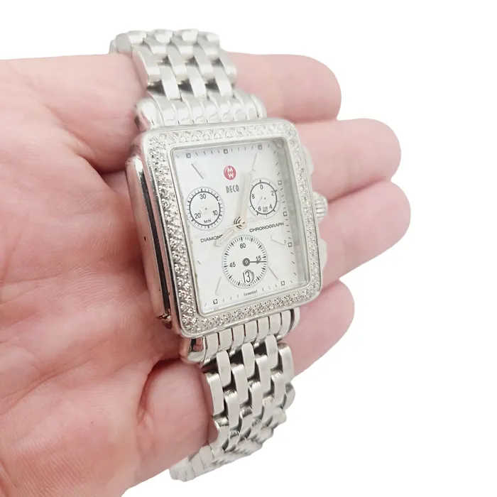 Michele Necklaces Ladies Michele Deco 33mm Stainless Steel Watch with Mother of Pearl Chronograph Dial and Diamond Bezel PreOwned MW06A01