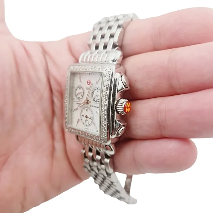 Michele Necklaces Ladies Michele Deco 33mm Stainless Steel Watch with Mother of Pearl Chronograph Dial and Diamond Bezel PreOwned MW06A01