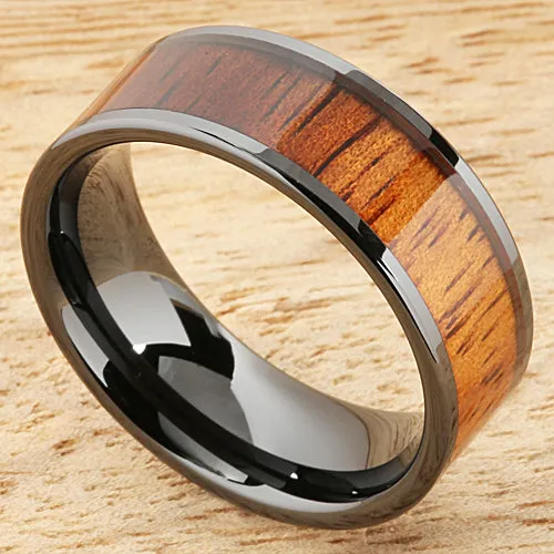Nakoa Rings 8mm Natural Hawaiian Koa Wood Inlaid High Tech Black Ceramic Flat Wedding Ring Nakoa Rings 8mm Natural Hawaiian Koa Wood Inlaid High Tech Black Ceramic Flat Wedding Ring