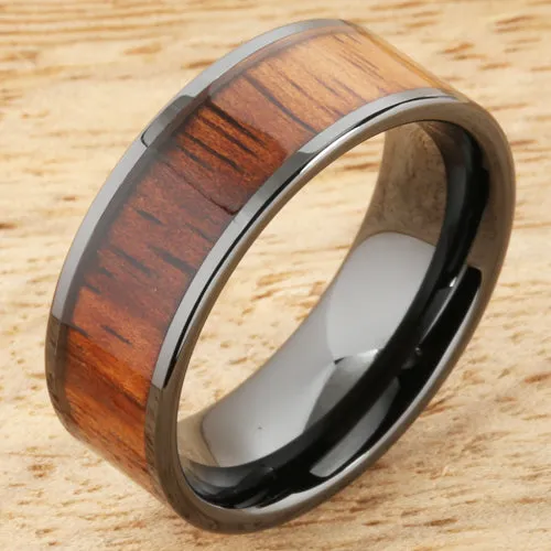 Nakoa Rings 8mm Natural Hawaiian Koa Wood Inlaid High Tech Black Ceramic Flat Wedding Ring