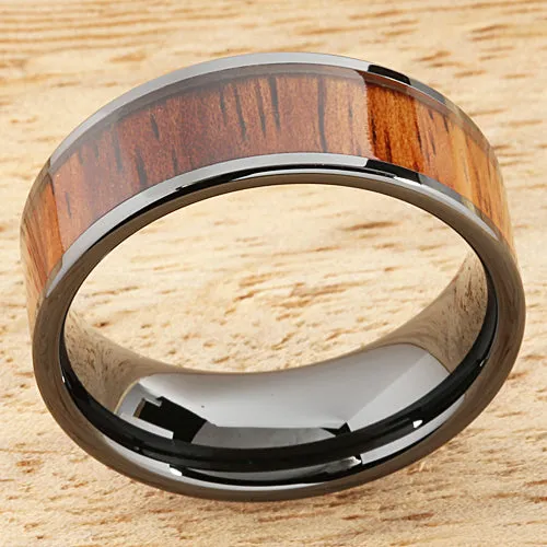 Nakoa Rings 8mm Natural Hawaiian Koa Wood Inlaid High Tech Black Ceramic Flat Wedding Ring