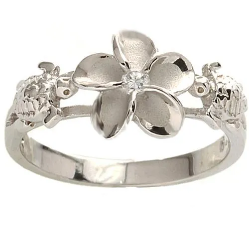 Nakoa Rings Sterling Silver Rhodium Plated Two Honu Hawaiian Turtle and Plumeria with CZ Ring Nakoa Rings Sterling Silver Rhodium Plated Two Honu Hawaiian Turtle and Plumeria with CZ Ring