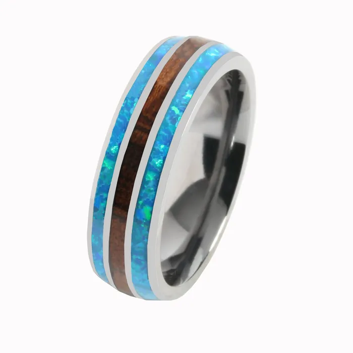 Nakoa Rings Tantalum with Blue Opal and Koa Wood Inlaid Wedding Ring Barrel 6mm Nakoa Rings Tantalum with Blue Opal and Koa Wood Inlaid Wedding Ring Barrel 6mm