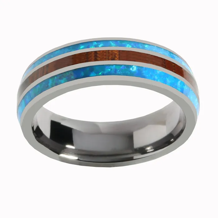 Nakoa Rings Tantalum with Blue Opal and Koa Wood Inlaid Wedding Ring Barrel 6mm