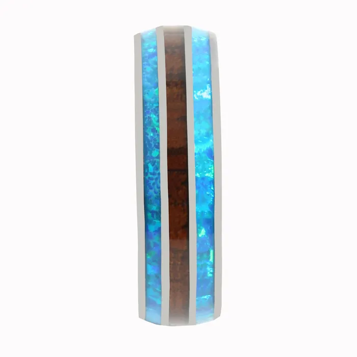 Nakoa Rings Tantalum with Blue Opal and Koa Wood Inlaid Wedding Ring Barrel 6mm