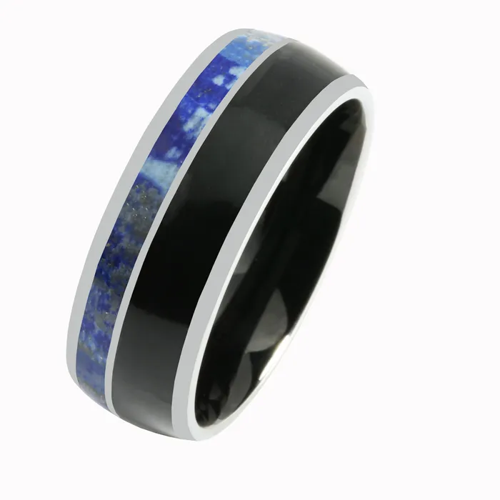 Nakoa Rings Tungsten Lapis Lazuli and Onyx Inlaid Wedding Ring Barrel 8mm
