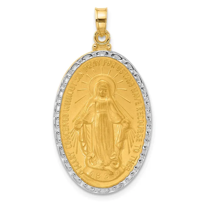 Necklaces 14k Yellow Rhodium 194 mm Satin and Polished Miraculous Medal Solid Oval Pendant 38 grams Qgold Necklaces 14k Yellow Rhodium 194 mm Satin and Polished Miraculous Medal Solid Oval Pendant 38 grams Qgold