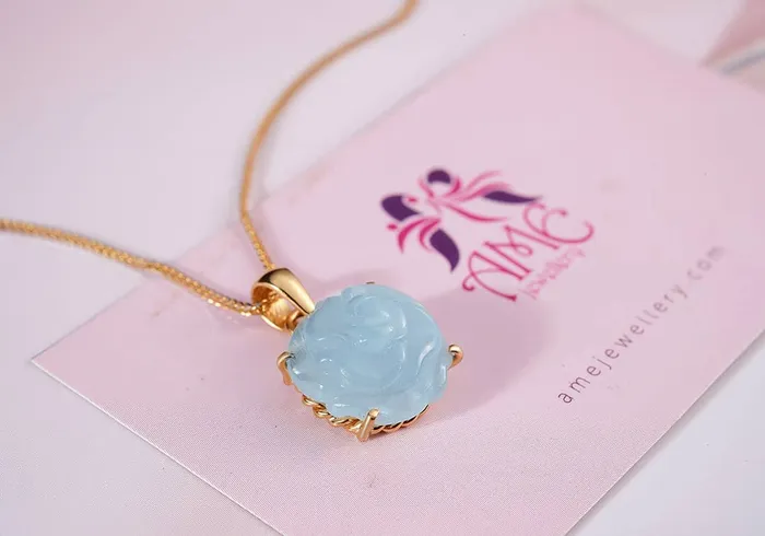 Necklaces AME Jewellery Blue Aquamarine Carved Rose Flower Pendant Necklace in 14K Yellow Gold Necklaces AME Jewellery Blue Aquamarine Carved Rose Flower Pendant Necklace in 14K Yellow Gold