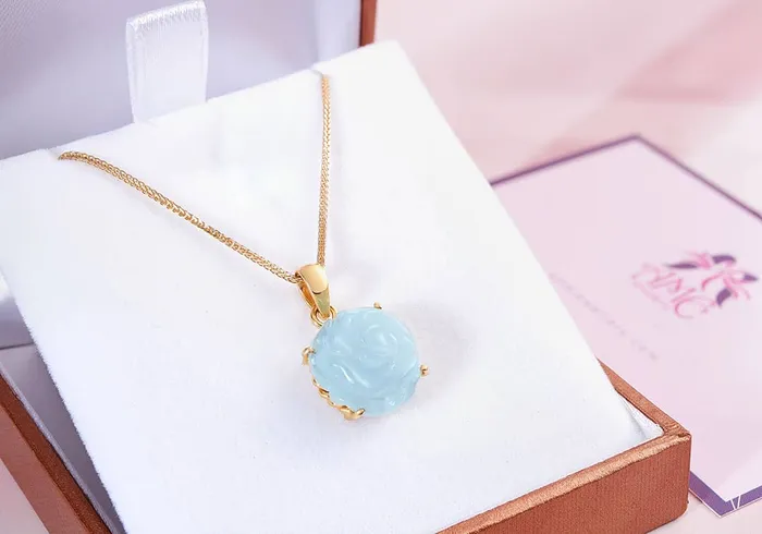 Necklaces AME Jewellery Blue Aquamarine Carved Rose Flower Pendant Necklace in 14K Yellow Gold