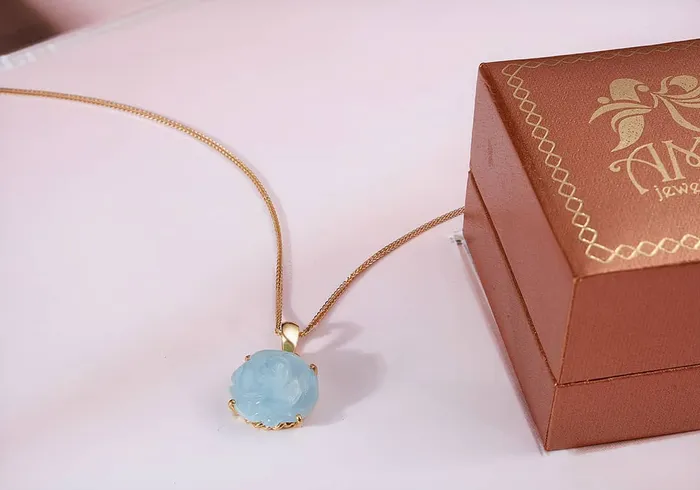 Necklaces AME Jewellery Blue Aquamarine Carved Rose Flower Pendant Necklace in 14K Yellow Gold
