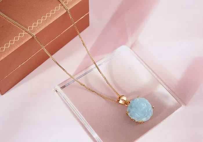 Necklaces AME Jewellery Blue Aquamarine Carved Rose Flower Pendant Necklace in 14K Yellow Gold