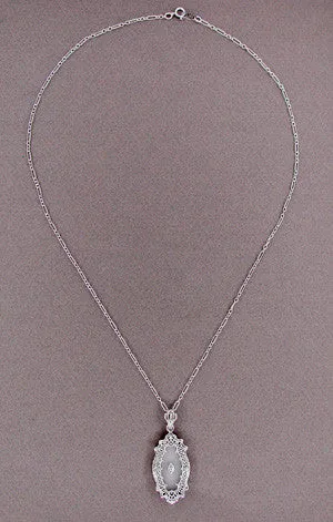 Necklaces Antique Jewelry Mall Art Deco Filigree Crystal and Diamond Set Pendant Necklace in 14 Karat White Gold