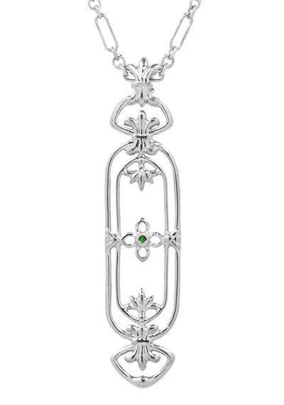 Necklaces Antique Jewelry Mall Fleur de Lys Art Nouveau Cartouche Emerald Pendant in Sterling Silver