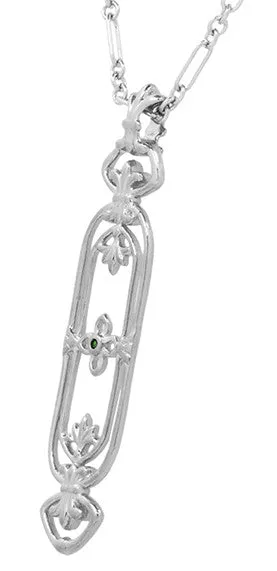 Necklaces Antique Jewelry Mall Fleur de Lys Art Nouveau Cartouche Emerald Pendant in Sterling Silver Necklaces Antique Jewelry Mall Fleur de Lys Art Nouveau Cartouche Emerald Pendant in Sterling Silver