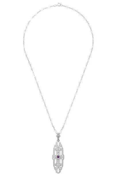 Necklaces Antique Jewelry Mall North South 1920s Filigree Amethyst Pendant Necklace in Sterling Silver Art Deco Antique Inspired Necklaces Antique Jewelry Mall North South 1920s Filigree Amethyst Pendant Necklace in Sterling Silver Art Deco Antique Inspired