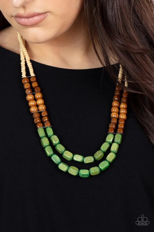 Necklaces Bermuda Bellhop Green White and Brown Wooden Bead Necklace Paparazzi Paparazzi Accessories