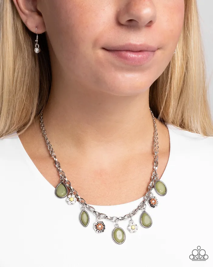 Necklaces Fancy Finish Green Bead Orange Flower Silver Necklace Paparazzi Paparazzi Accessories