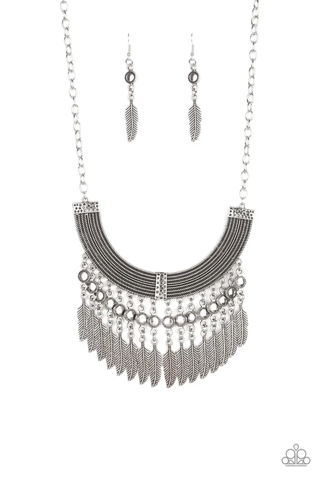 Necklaces Fierce in Feathers Paparazzi Silver Frame Feather Charm Necklace Paparazzi Accessories