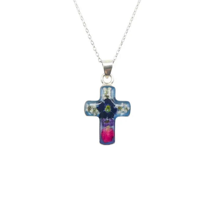 Necklaces MEXICO Petite Cross Necklace w Pressed Flowers 18inch