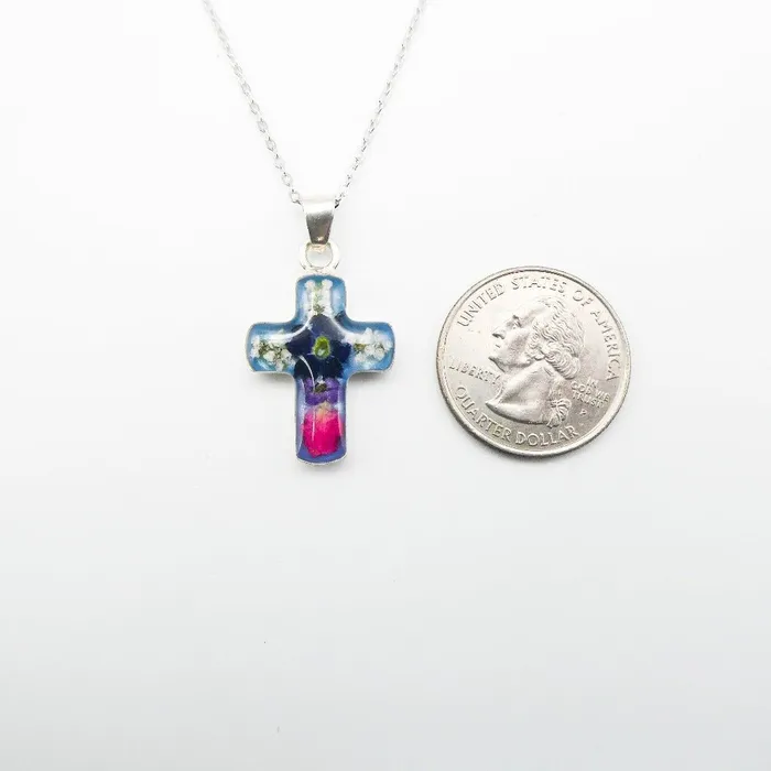 Necklaces MEXICO Petite Cross Necklace w Pressed Flowers 18inch