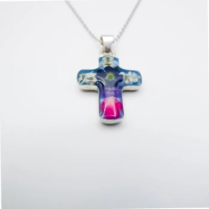 Necklaces MEXICO Petite Cross Necklace w Pressed Flowers 18inch