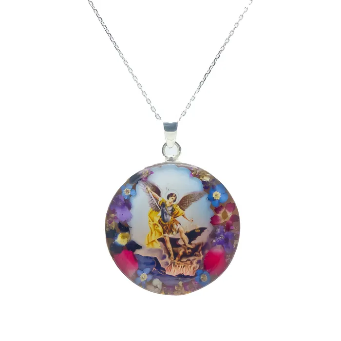 Necklaces MEXICO Saint Michael the Archangel Round Large Round Pendant Necklace w Pressed Flowers 18inch Necklaces MEXICO Saint Michael the Archangel Round Large Round Pendant Necklace w Pressed Flowers 18inch