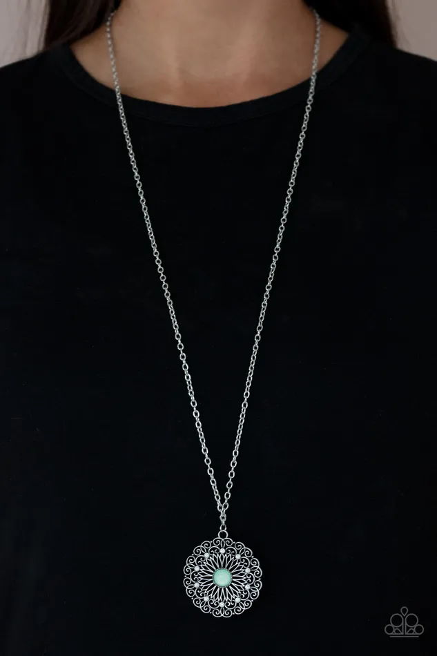 Necklaces Opal Gardens Green Opalescent Bead Floral Silver Pendant Necklace Paparazzi Paparazzi Accessories