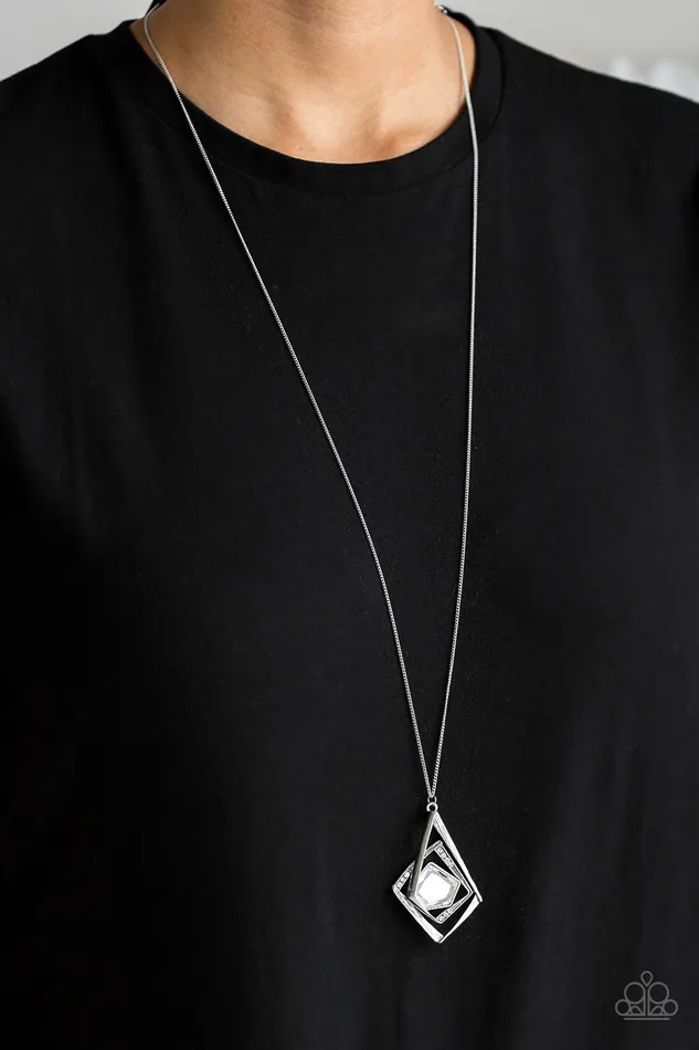 Necklaces Paparazzi Accessories A MODERN Citizen White Rhinestone Silver Geometric Pendant Necklace Paparazzi