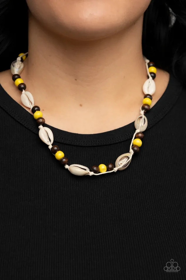 Necklaces Paparazzi Accessories Bermuda Beachcomber Yellow and Brown Wooden Bead Shell Necklace Paparazzi