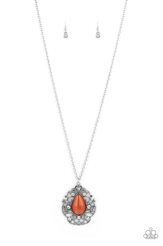 Necklaces Paparazzi Accessories Bewitched Beam Orange Cats Eye Stone Silver Teardrop Necklace Paparazzi