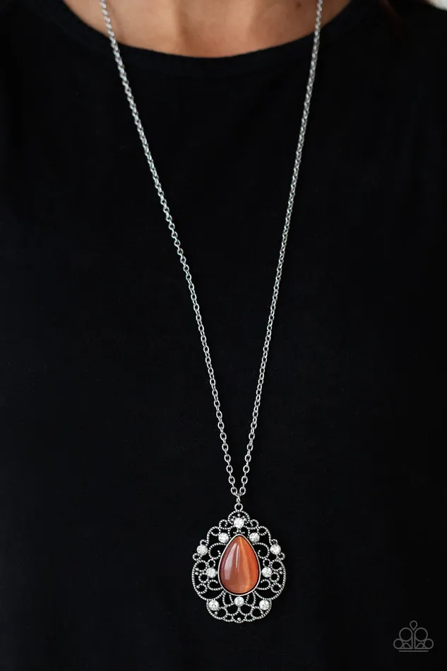 Necklaces Paparazzi Accessories Bewitched Beam Orange Cats Eye Stone Silver Teardrop Necklace Paparazzi