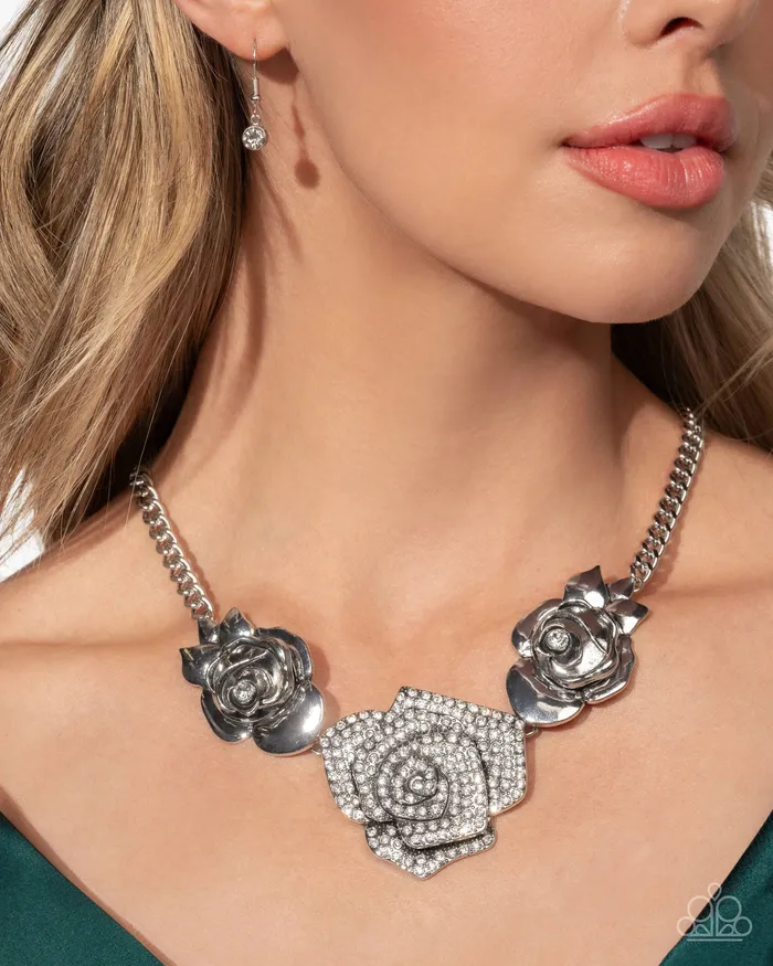 Necklaces Paparazzi Accessories Bouquet Beacon White Rhinestone Silver Rose Flower Short Necklace Paparazzi Life of the Party January 2025