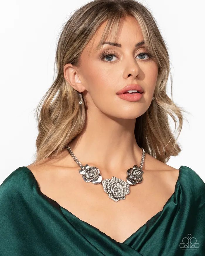 Necklaces Paparazzi Accessories Bouquet Beacon White Rhinestone Silver Rose Flower Short Necklace Paparazzi Life of the Party January 2025