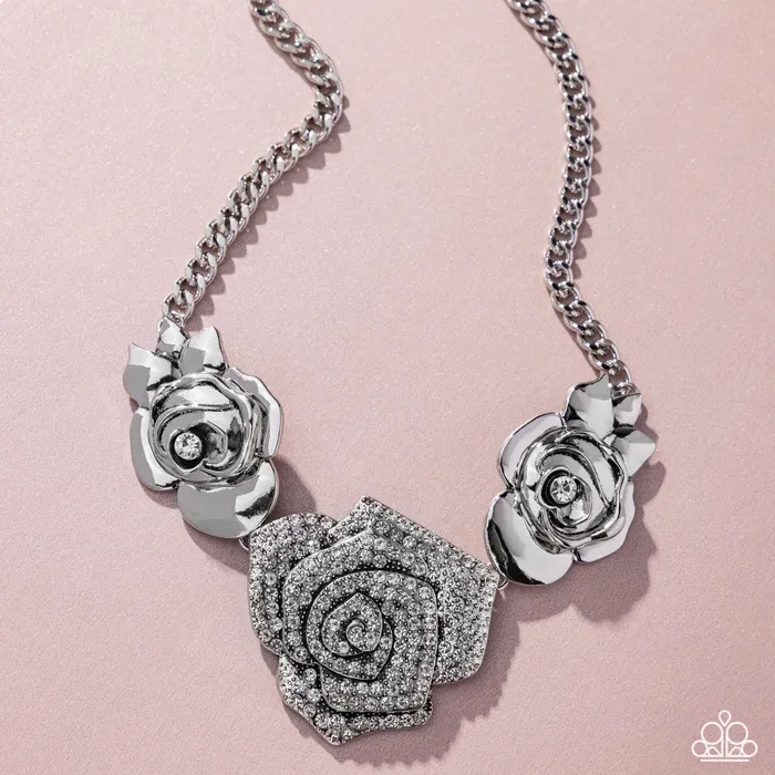 Necklaces Paparazzi Accessories Bouquet Beacon White Rhinestone Silver Rose Flower Short Necklace Paparazzi Life of the Party January 2025
