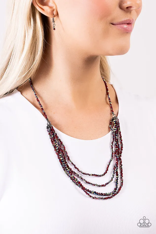 Necklaces Paparazzi Accessories Candescent Cascade Red UV Shimmer Iridescent Bead Layered Short Necklace Paparazzi