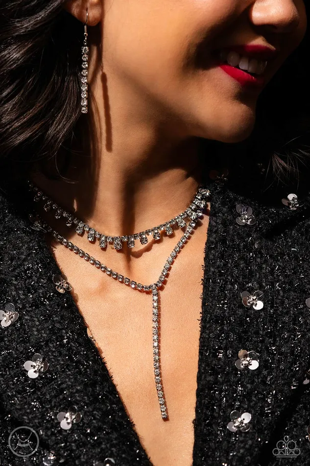 Necklaces Paparazzi Accessories Champagne Night White Rhinestone Silver Y Short Necklace Paparazzi