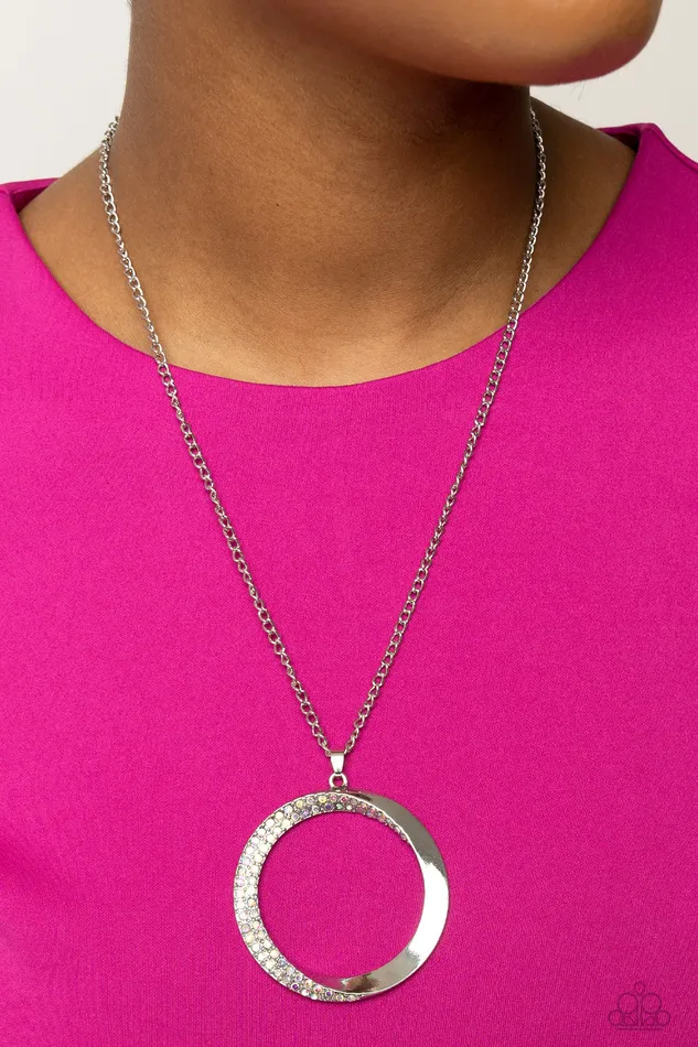 Necklaces Paparazzi Accessories Encrusted Elegance Multi Iridescent Rhinestone Silver Circle Necklace Paparazzi