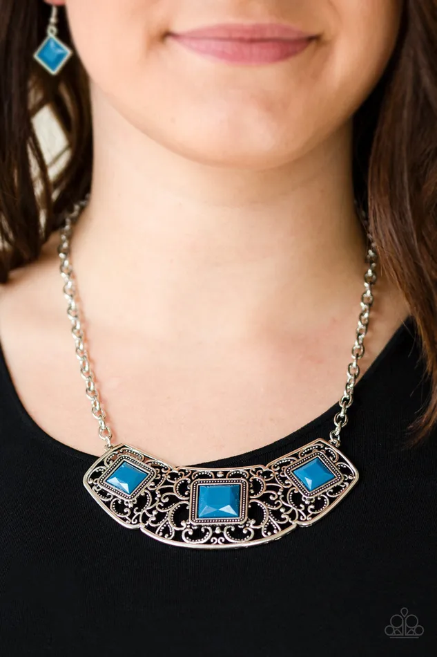 Necklaces Paparazzi Accessories Feeling IndePENDANT Blue Square Bead Silver Filigree Necklace Paparazzi