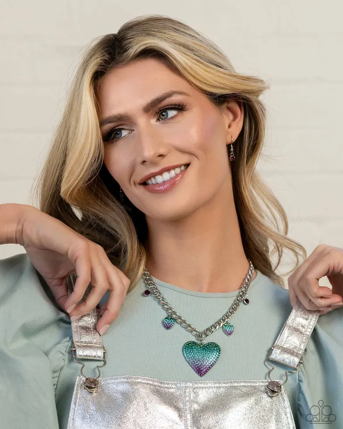 Necklaces Paparazzi Accessories For The Most Heart Blue Purple Ombre Heart Silver Short Necklace 2024 EMP Week 2 Exclusive Paparazzi