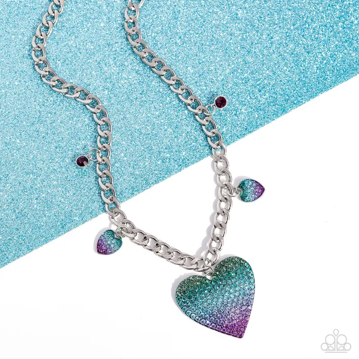 Necklaces Paparazzi Accessories For The Most Heart Blue Purple Ombre Heart Silver Short Necklace 2024 EMP Week 2 Exclusive Paparazzi