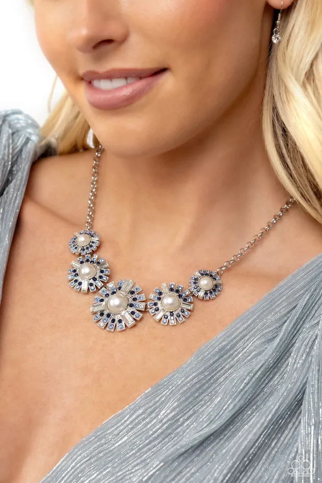 Necklaces Paparazzi Accessories Gatsby Gallery Blue and White Rhinestone Pearl Silver Short Necklace Paparazzi